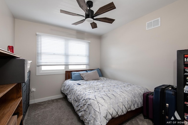 bedroom featuring a ceiling fan, carpet, visible vents, and baseboards