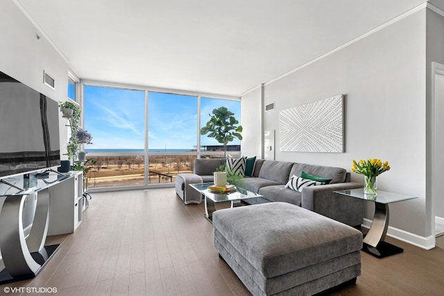 living room with visible vents, wood finished floors, crown molding, and expansive windows