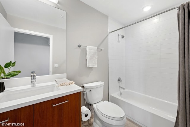 full bathroom featuring vanity, toilet, recessed lighting, and shower / bath combo with shower curtain