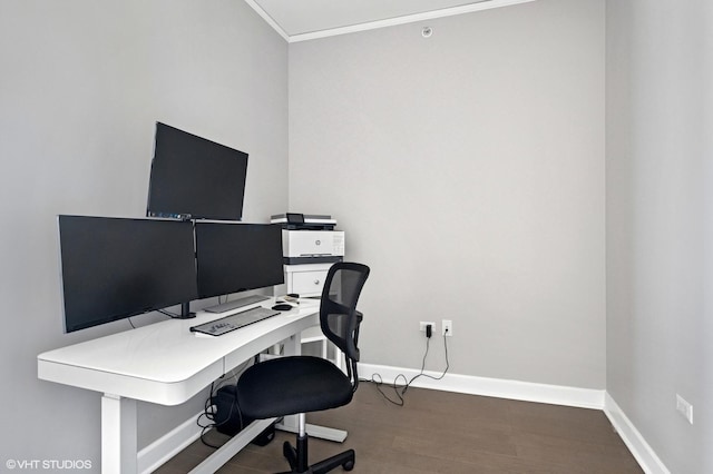 home office featuring baseboards, wood finished floors, and crown molding