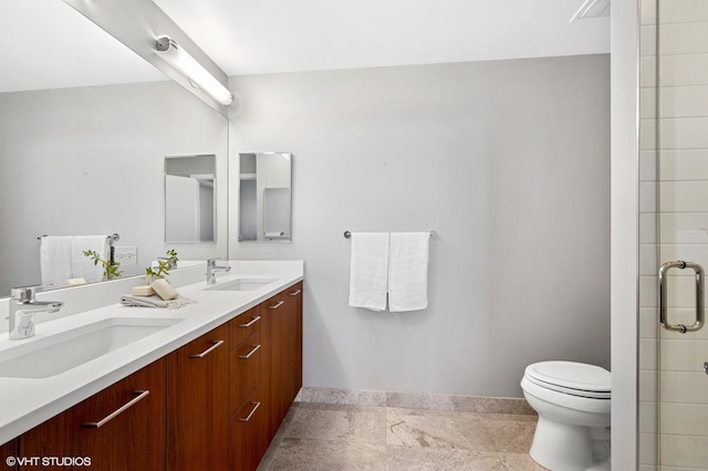 full bath with double vanity, visible vents, toilet, and a sink