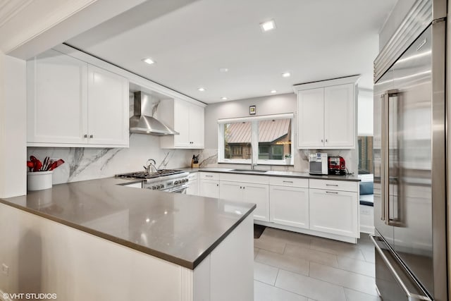 kitchen with high quality appliances, a sink, backsplash, white cabinetry, and wall chimney exhaust hood