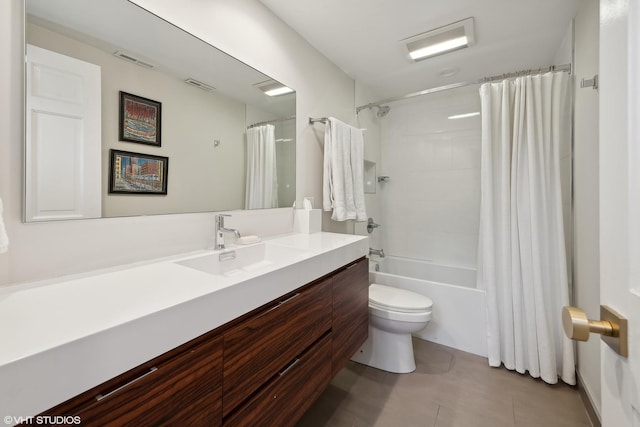 bathroom with visible vents, shower / bath combination with curtain, toilet, and vanity