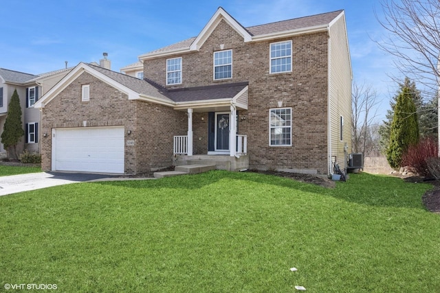 view of front of property featuring a garage, brick siding, central AC unit, and a front yard