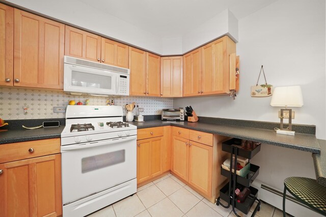 kitchen with decorative backsplash, white appliances, dark countertops, and light brown cabinets