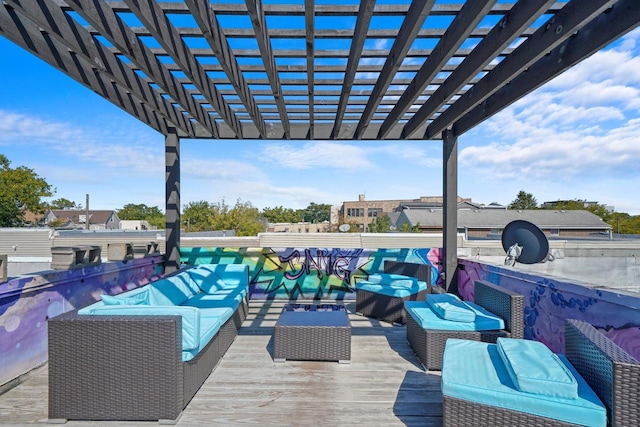 deck with an outdoor living space and a pergola