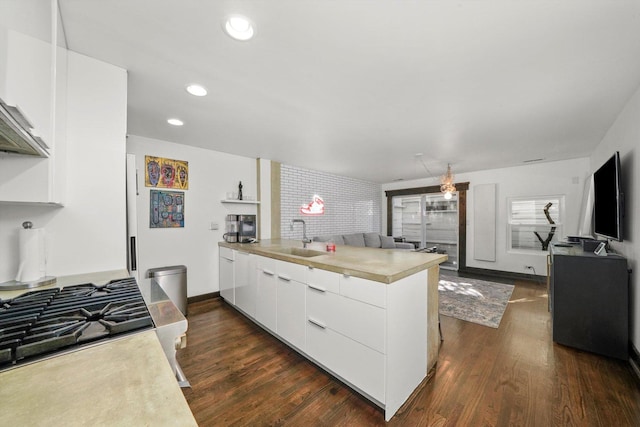 kitchen with a sink, modern cabinets, white cabinets, and dark wood-style flooring