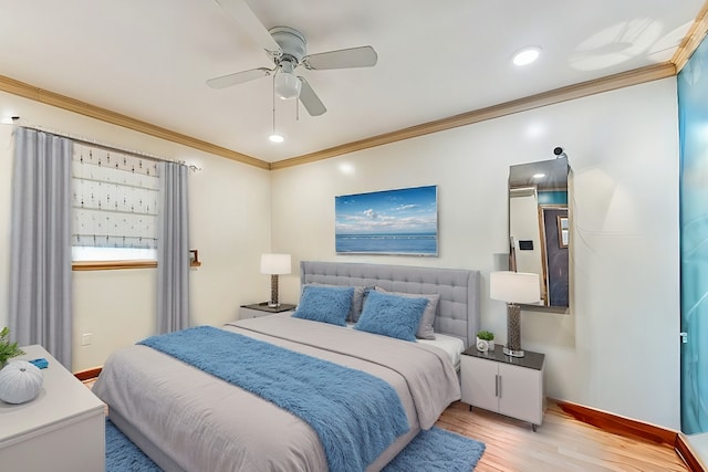 bedroom with ornamental molding, recessed lighting, light wood-style floors, baseboards, and ceiling fan