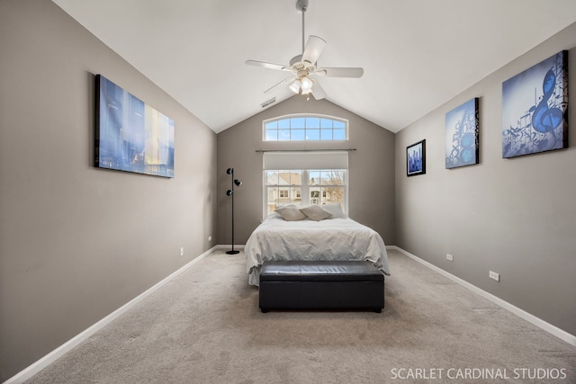 carpeted bedroom with a ceiling fan, vaulted ceiling, visible vents, and baseboards