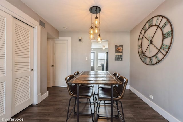 dining area with visible vents, baseboards, and dark wood-style flooring