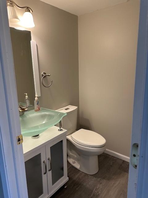 bathroom featuring baseboards, toilet, wood finished floors, and vanity