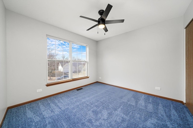 empty room featuring visible vents, a ceiling fan, baseboards, and carpet floors