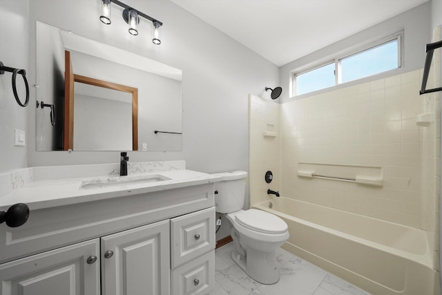 full bath featuring vanity, shower / tub combination, toilet, and marble finish floor