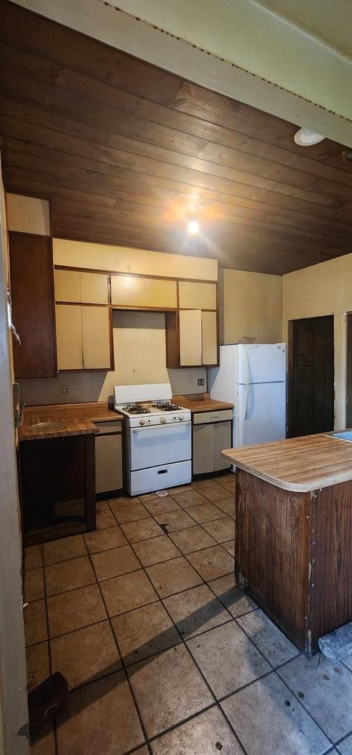245 153rd Pl, Calumet City, IL 60409 - kitchen with tile patterned floors, wood ceiling, wooden counters, and white appliances