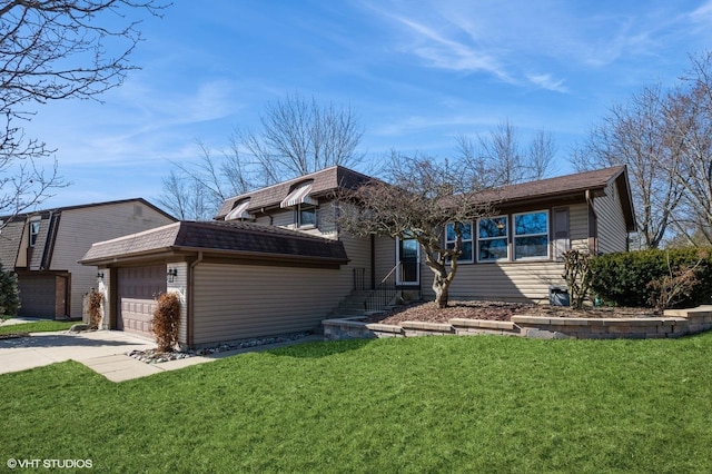 view of front facade with a front lawn, concrete driveway, a garage, and mansard roof