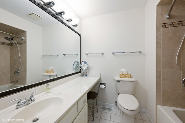 full bath with vanity, visible vents, tile patterned floors, toilet, and shower / bathtub combination