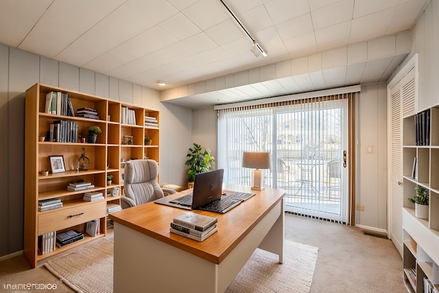 home office featuring light colored carpet