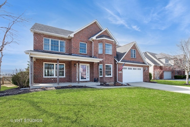 traditional-style house featuring a porch, concrete driveway, a front lawn, a garage, and brick siding