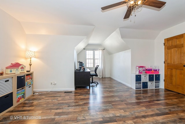 office space featuring ceiling fan, baseboards, lofted ceiling, and wood finished floors