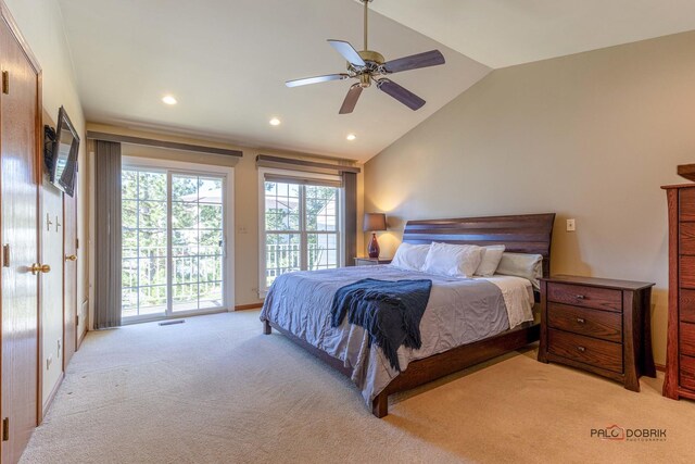 bedroom featuring visible vents, recessed lighting, access to exterior, vaulted ceiling, and light colored carpet