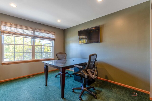 carpeted home office featuring recessed lighting, baseboards, and visible vents