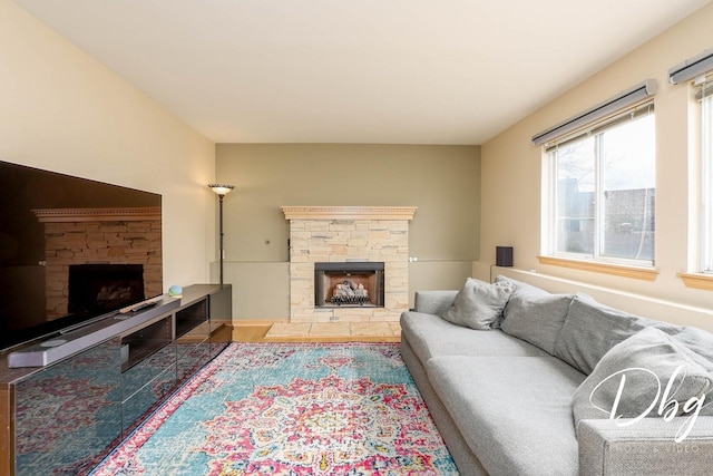 living area with wood finished floors and a fireplace