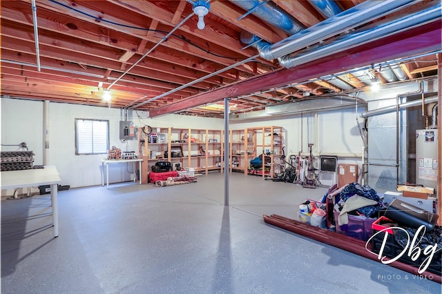 below grade area with water heater and electric panel