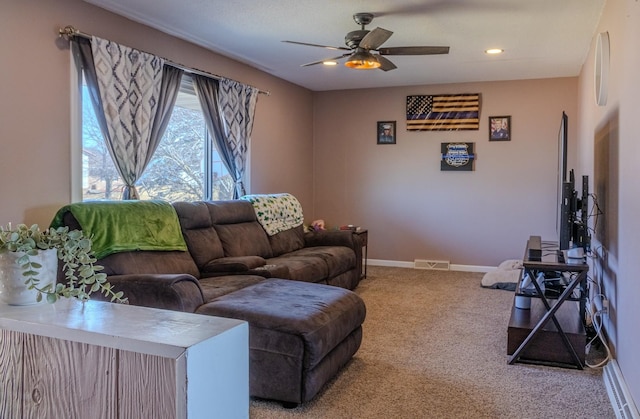 living room featuring visible vents, ceiling fan, baseboards, carpet flooring, and recessed lighting