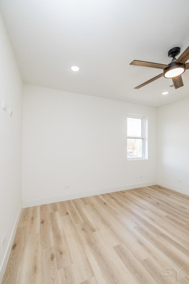 unfurnished room with recessed lighting, baseboards, ceiling fan, and light wood finished floors