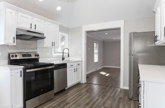 kitchen with under cabinet range hood, a sink, stainless steel appliances, white cabinets, and light countertops