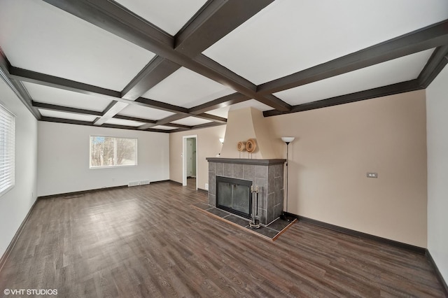 unfurnished living room with wood finished floors, baseboards, coffered ceiling, and a tile fireplace