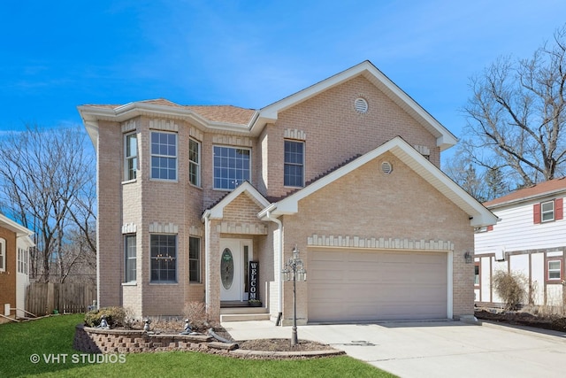 view of front of house featuring brick siding, an attached garage, and concrete driveway