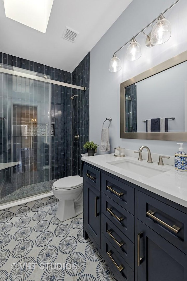 full bath with vanity, visible vents, tile patterned flooring, a shower stall, and toilet