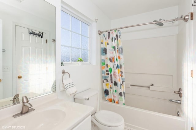 full bathroom with shower / bathtub combination with curtain, toilet, and vanity