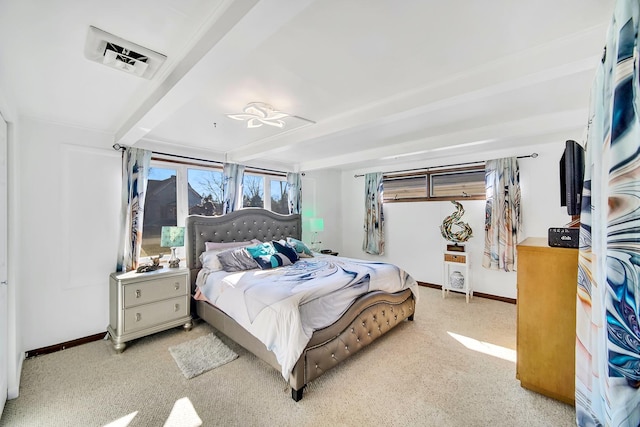 carpeted bedroom with visible vents, baseboards, and beamed ceiling