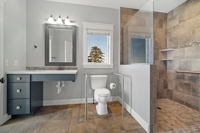 full bathroom featuring toilet, a walk in shower, and baseboards