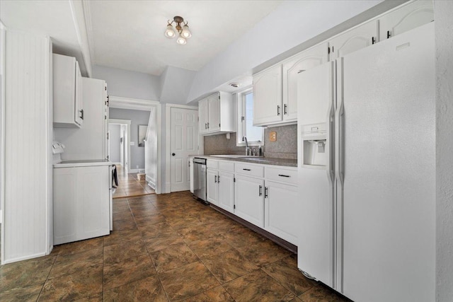 kitchen with backsplash, dishwasher, white refrigerator with ice dispenser, white cabinetry, and range