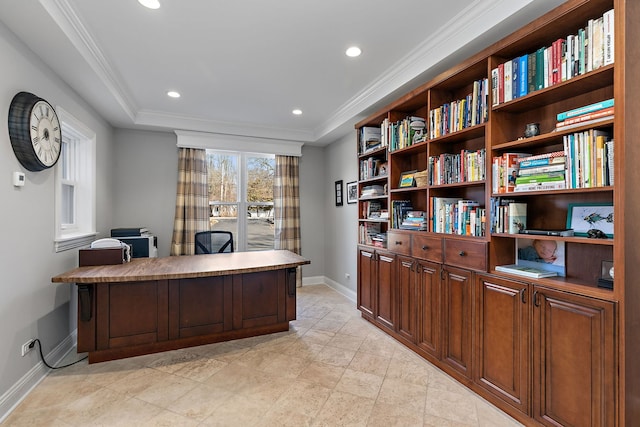 office area featuring crown molding, recessed lighting, and baseboards