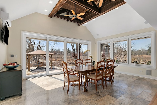 dining room featuring high vaulted ceiling, a wall mounted AC, recessed lighting, baseboards, and ceiling fan