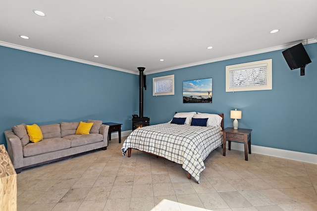 bedroom with recessed lighting, baseboards, and ornamental molding