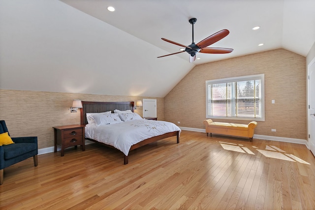 bedroom with ceiling fan, baseboards, vaulted ceiling, recessed lighting, and light wood-style flooring