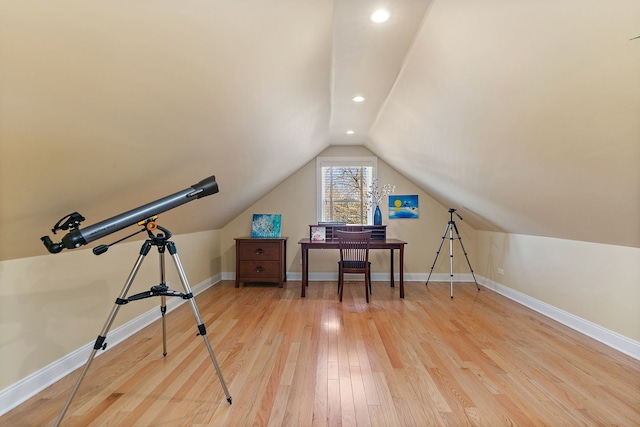 office area featuring recessed lighting, light wood-type flooring, baseboards, and vaulted ceiling