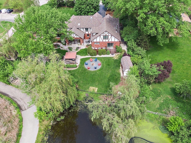 aerial view featuring a water view