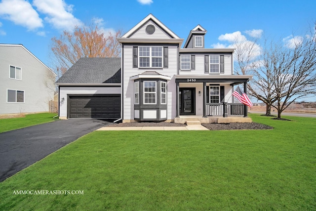 view of front of property featuring a front lawn, aphalt driveway, a porch, roof with shingles, and an attached garage