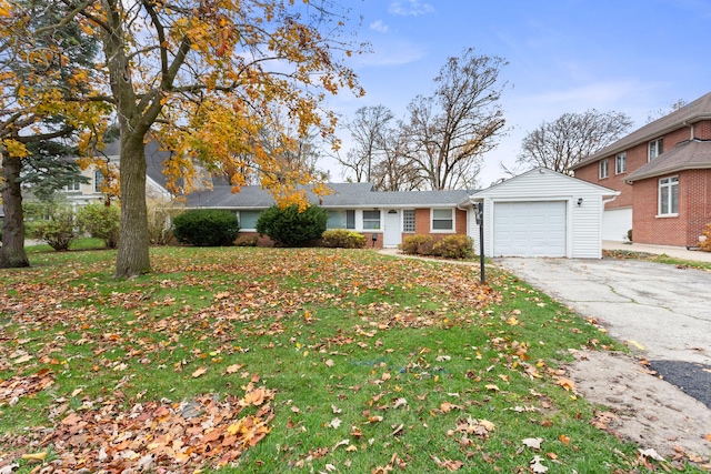 single story home with aphalt driveway, an attached garage, brick siding, and a front yard