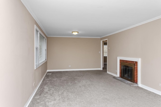 unfurnished living room with carpet, crown molding, a fireplace, and baseboards