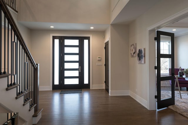 511 N Branch Rd, Glenview, IL 60025 - entrance foyer with recessed lighting, baseboards, dark wood-style flooring, and stairs