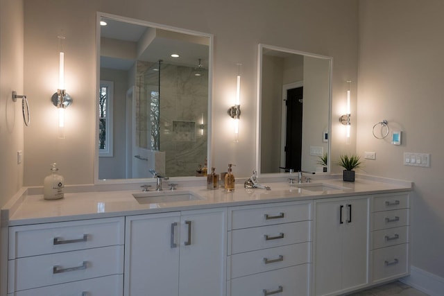 511 N Branch Rd, Glenview, IL 60025 - bathroom featuring double vanity, a sink, and a marble finish shower
