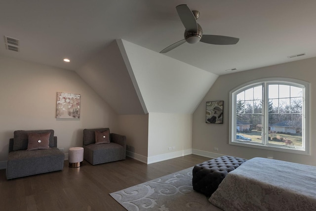511 N Branch Rd, Glenview, IL 60025 - bedroom featuring visible vents, wood finished floors, baseboards, a ceiling fan, and vaulted ceiling