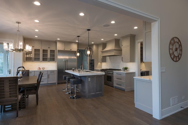 511 N Branch Rd, Glenview, IL 60025 - kitchen featuring high end appliances, backsplash, custom range hood, and visible vents